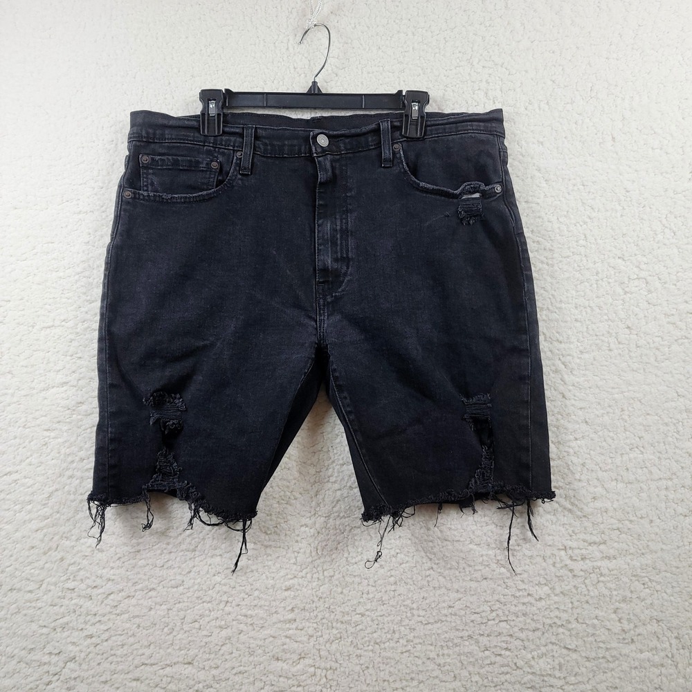 Levis Premium Denim Shorts Mens 38 Black Distressed Ripped Raw Hem Cut-off Jorts
